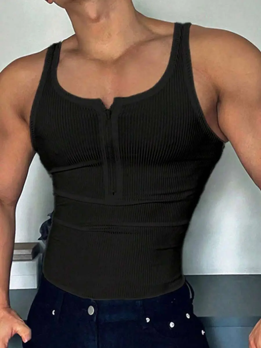 Manfinity Dauomo Men's Summer Vintage Fashionable Striped Zip-Up Design Sleeveless Casual Vest