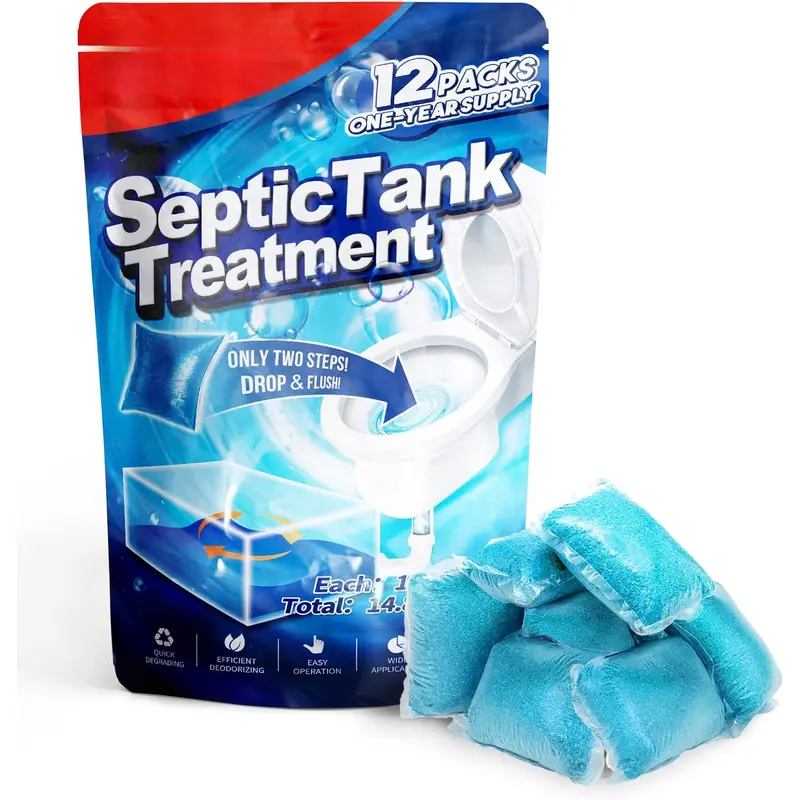 Septic Tank 12 count for 1-Year Supply, Dissolvable Packs with Easy Operation, Durable Biodegradable Enzymes for Wastes, Greases & Odors, Blue, 2X Efficiency