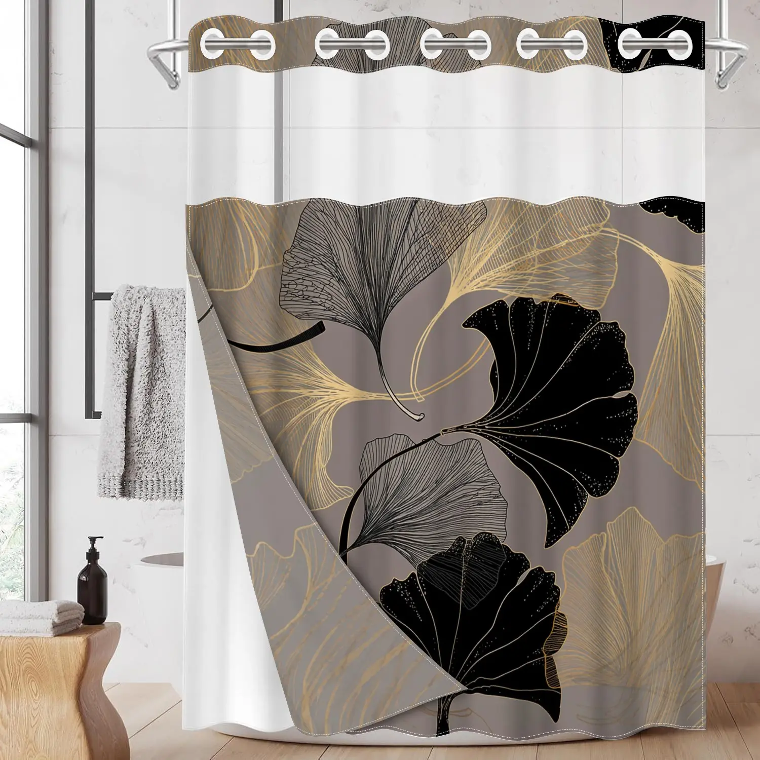 1pc hookless shower curtain with buckle lining, Decorative shower curtain, black and gold ginkgo leaf pattern design, 2D flat printing, waterproof lining, see-through double-layer shower curtain, 71 x 74 inches, No Hook shower curtain