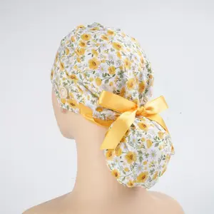 Yellow Flower Ponytail Scrub Caps for Long Hair, Cotton Surgical Hat w/ Forehead Sweatband & Buttons,Valentine's Day Gifts