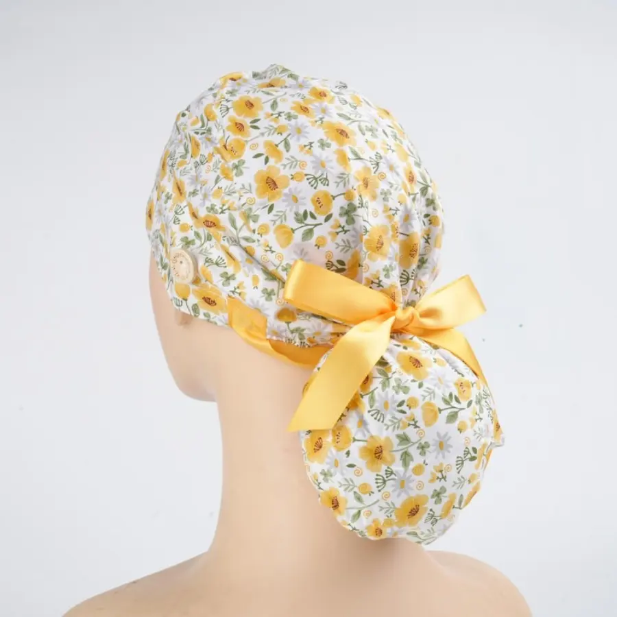 Yellow Flower Ponytail Scrub Caps for Long Hair, Cotton Surgical Hat w/ Forehead Sweatband & Buttons,Nurse Dr Gifts