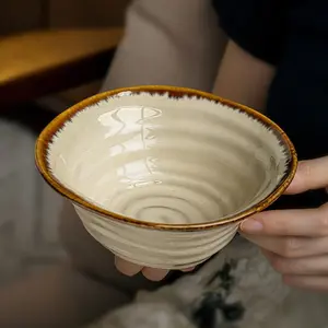 Vintage Threaded Edge Bowl, 6-Inch Ceramic Dinnerware, Microwave & Dishwasher Safe, Ideal for Rice and Soup, Home Use, Ceramics Tableware