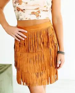 Camel Suede Fringed Skirt