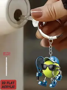 2D flat single tennis keychain, Trendy Cute Keychain, with tennis racket-shaped acrylic pendant and stainless steel buckle ring, tennis-themed accessories, suitable for tennis fans, can be used as gifts for players, coaches, fans, 2D graphic design