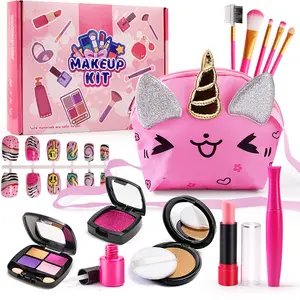 Colorful Fake Makeup Set for Kids, Daughter, Portable Role Play Toy, Pretend Play Set, 14-Piece Set Includes Powder, Blush, Lipstick, Eyeshadow, Nail Stickers, Brush, Bag