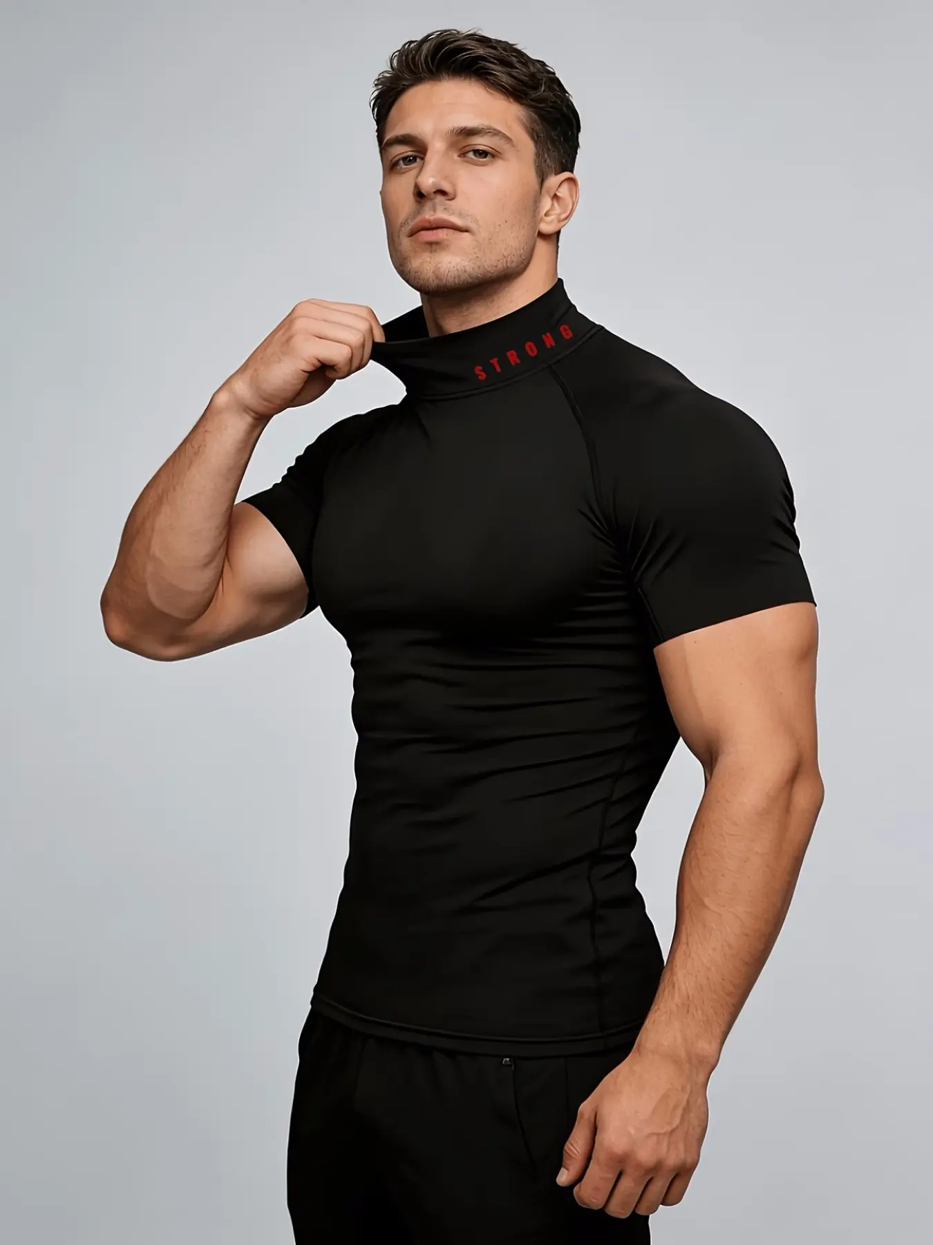 1-Pack Men's Muscle Fit Mock Neck T-Shirt with STRONG Print - Suitable for Gym Workouts, Weightlifting, Cross Training, Running, and Bodybuilding - Track & MMA Training Activewear Athletic Tee / Slim Fit Base Layer Athletic Tops