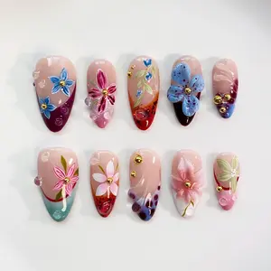 Blooming Flower Nails/Summer 3D Flower Press on nails long almond nails/Blue Floral Nails/Holiday Nails/Summer Nails/Birthday Nails 71XU4J