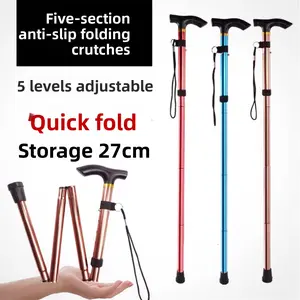 Hiking Stick - 5-Section Folding Ultra-Short Retractable T-Handle Cane with 5-Speed Adjustment for Mountaineering and Tourism