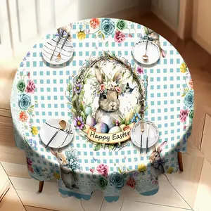 1pc Plaid Tablecloth, Happy Easter Theme, Cute Rabbit, Flower Print, Suitable for Living Room, Holiday Party Decoration Gift