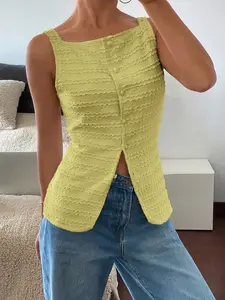 Summer Linen Texture Lightweight Square Neck Sleeveless Split Back Vest, Slim Fit Office Women's Top, Stylish Casual Wear for Daily Use
