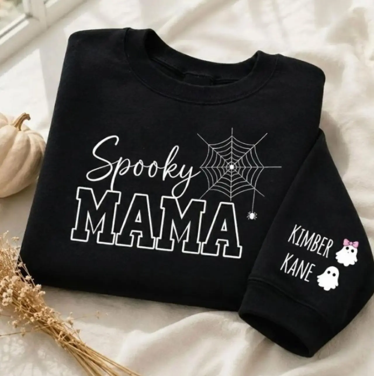 Spooky Mama Sweatshirt, Personalized Halloween Mama Crewneck, Kids Names on Sleeve, Halloween Gift for Mom T-shirt, Hoodie and Sweatshirt