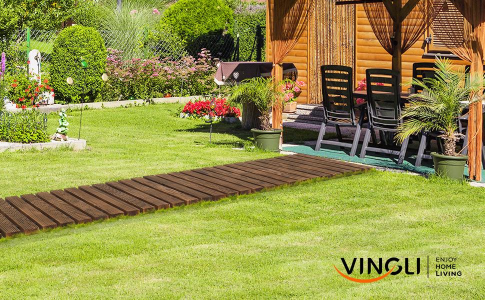 VINGLI Oversized 22IN W 8FT L Wooden Garden Pathway for Outdoors, Roll Out Garden Pathway Walkway Flooring W/Steel Wire, Anti-Slip Texture, Ground Stakes, Outside Walkway for Patio, Wedding