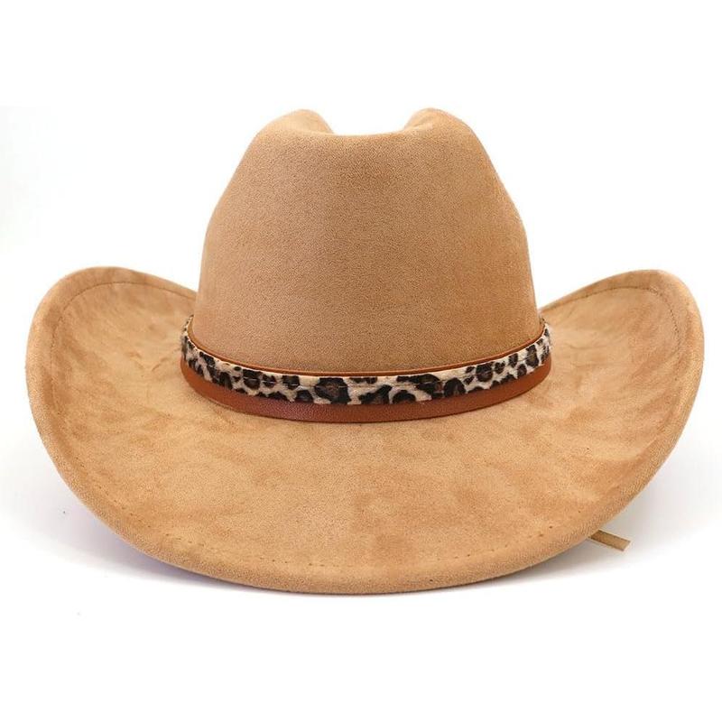 Classic Suede Cowboy Hat for Adult Wide Brim Western Cowgirl Hat Women Fedora Hat with Leopard Print Hatband