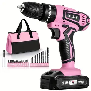 A Set of 21 Volt Pink Wireless Drill Bit and Electric Screwdriver Set, with Lithium Battery, Household Electric Tools, Keyless Chuck, Variable Speed, with Handbag, Two-Speed Gearbox (0-400 Rpm/0-1500 Rpm) drill