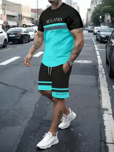Italian Milan Style Man Two-Piece Set, Menswear, Colorblock Design, Casual Fitted Short Sleeve Top and Shorts, All Seasons Fashion, Outfit