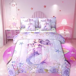 Girls Cartoon Mermaid Bed Set,7 Pieces Starfish Coral Marine Life All Season Comforter Set,Purple Flowers Bedding Set with 1 Comforter,2 Sheets,2 Pillowcases & 2 Pillow Covers