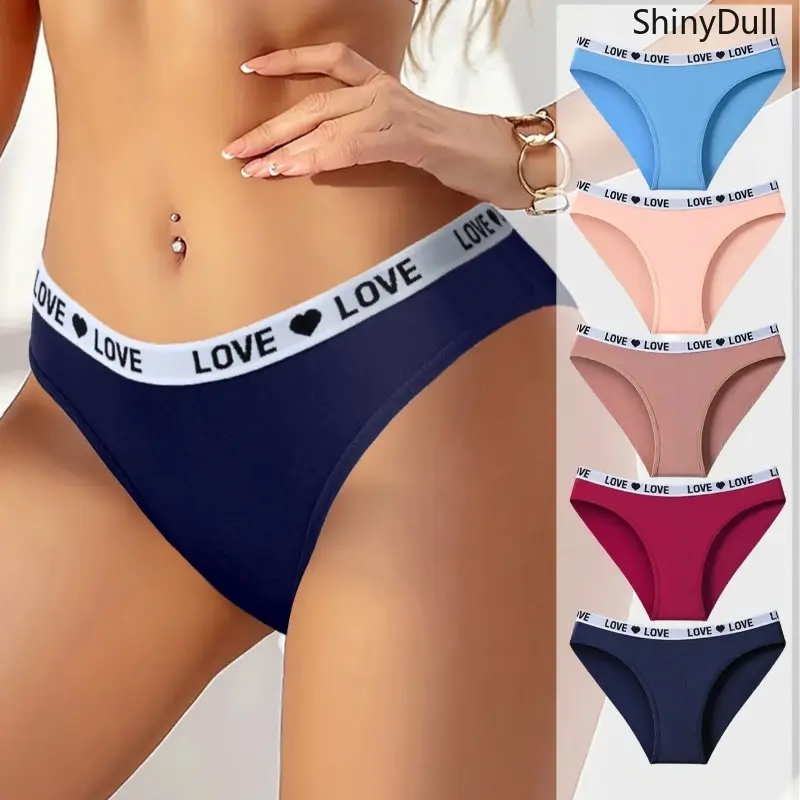 Women's Cotton Underwear Basics, 5-Pack Low-Waist High Panty with Letter Print Strap Waistband, Soft Breathable Everyday Underwear for Women