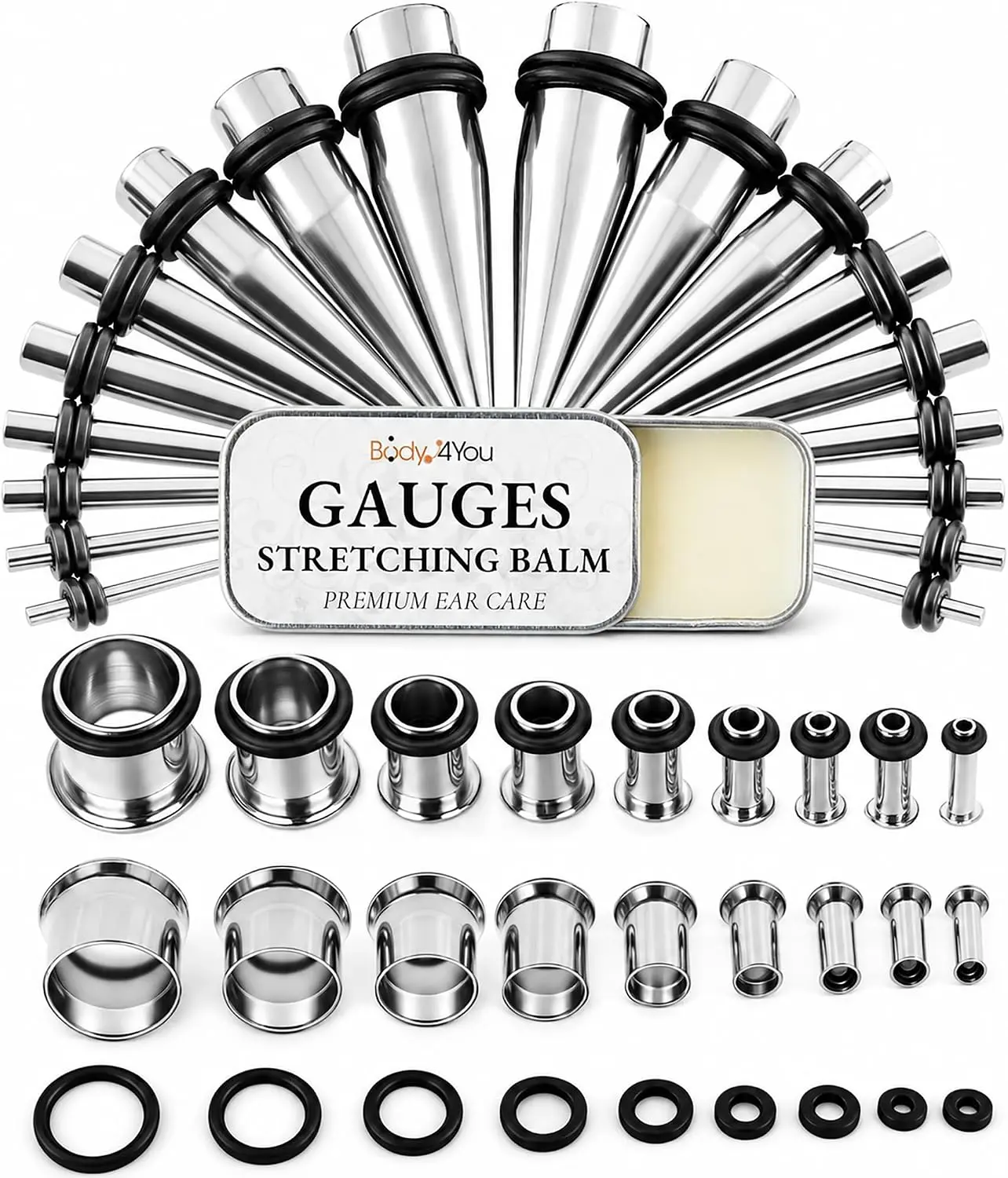 BodyJ4You 37PC Ear Stretching Kit with Aftercare Balm - Complete Beginner Set Gauges for Ears 14G-00G - Silvertone Stainless Steel Tapers Single Flare Plugs Tunnels - Dead Stretching Lobe Men Women