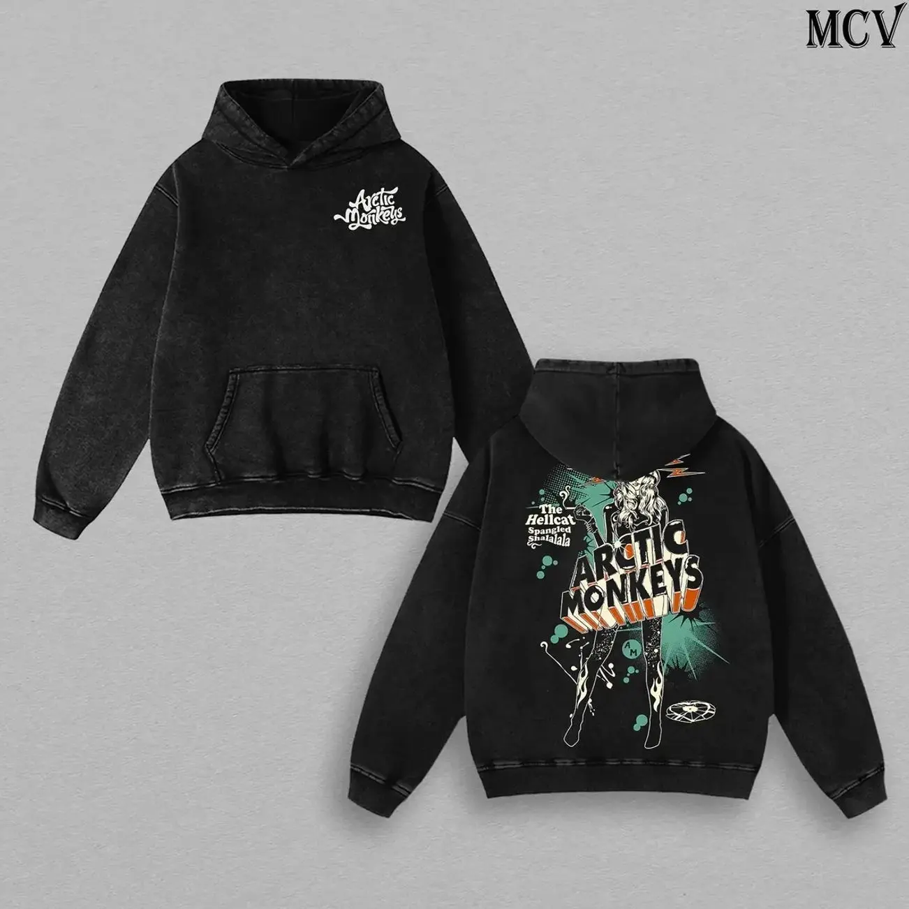 Arctic Monkeys Hoodie Washed – The Hellcat Spangled Shalalala Vintage Heavy Cotton Unisex Oversize Indie Rock Alternative Graphic, Arctic Monkeys T-Shirt & Sweatshirt Retro Y2K Streetwear Concert Tour Fan Merch Collector Top for Men and Women Fans SUT