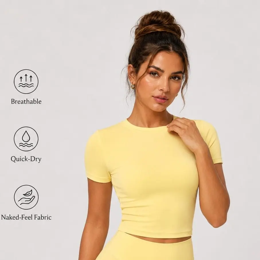 Crew Neck Slim Fit Cropped Short Sleeve Workout Top, 75% Nylon 25% Spandex Moisture Wicking Soft Stretch Yoga T-Shirt for Women