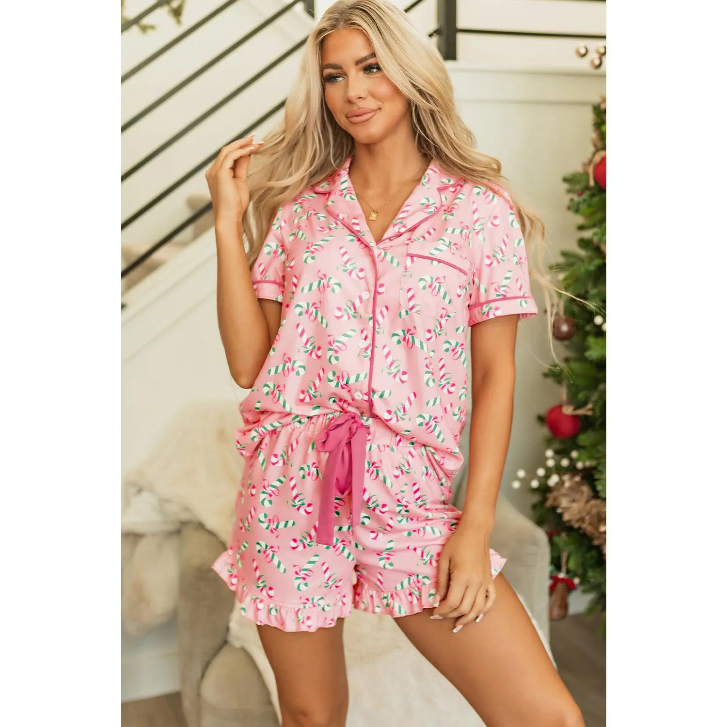 Pink Christmas Candy Cane Print Pocketed Knotted Pajama Set