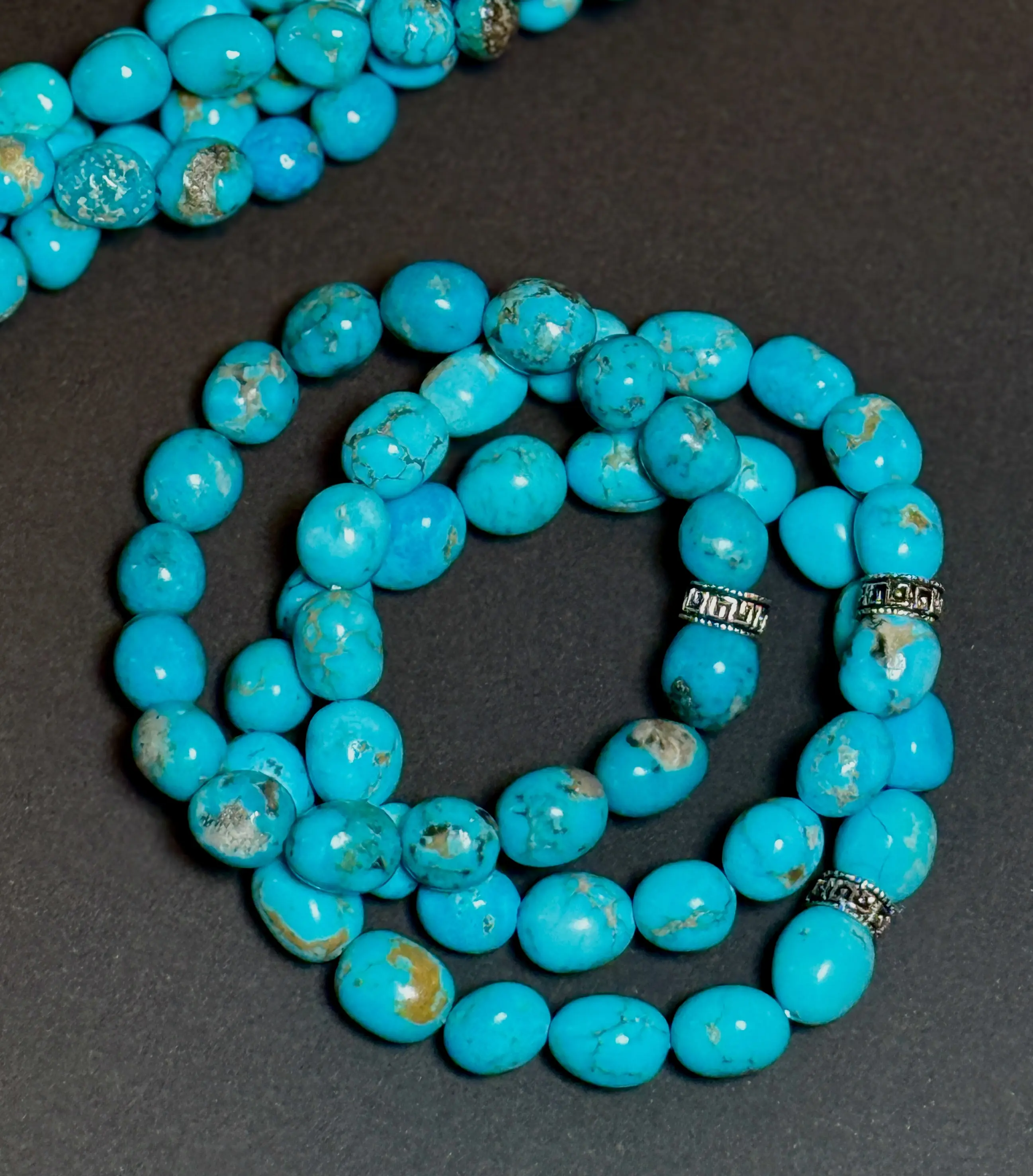 Sonoran Turquoise Stretch Bracelet, Genuine Baroque Shape Beaded Band with a Sterling Silver Spacer Accent for Women