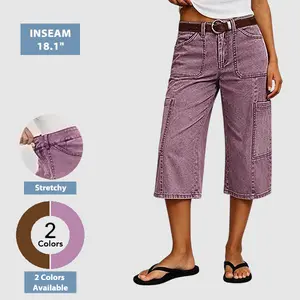 Flamingals Stitch Detail Side Pocket Mid Waist Straight Leg Capri Pants Without Belt Summer Vibes