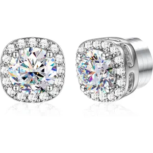 Fashonable Non Pierced Synthetic Moissanite Magnetic Earrings for Women 18K White Gold Plated Hypoallergenic Stainless Steel Fake  Earrings