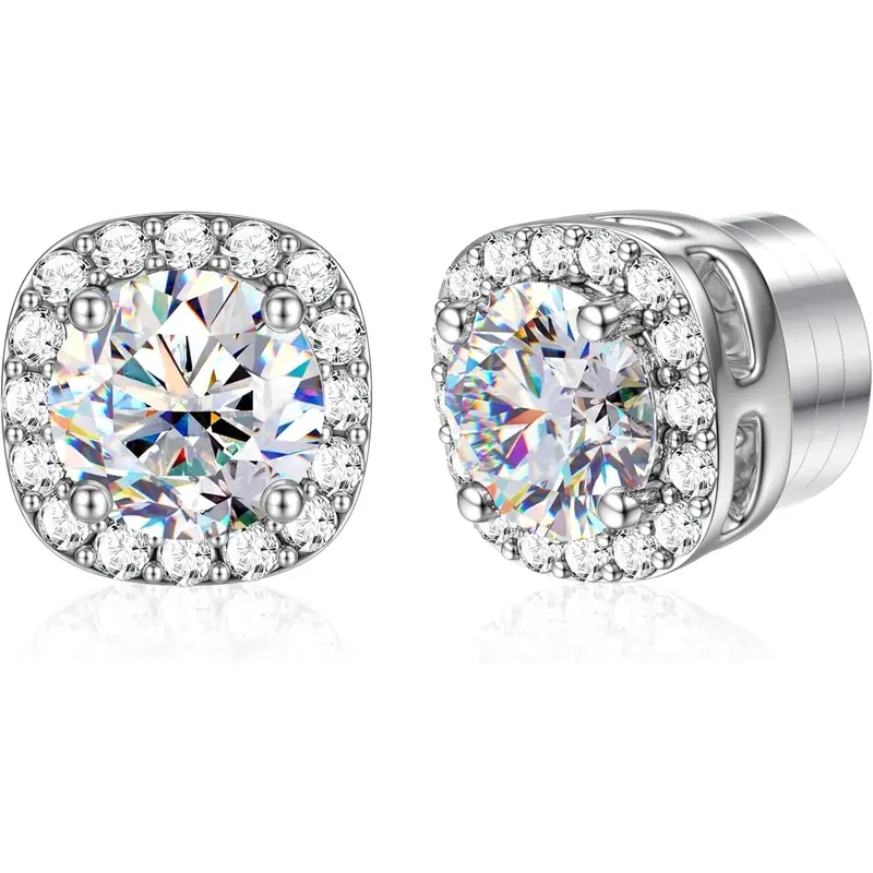 Fashonable Non Pierced Synthetic Moissanite Magnetic Earrings for Women 18K White Gold Plated Hypoallergenic Stainless Steel Fake Earrings Ear Studs