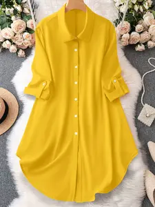 Plus Size Women's Chiffon Blouse, American Casual Commute Style, Medium Sleeve Roll-Up, Turn-Down Collar, Long Single Button Design Dress