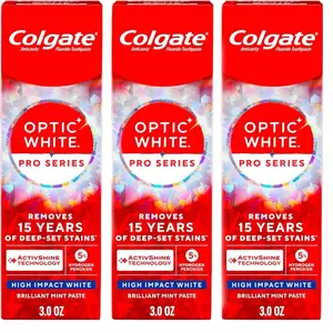 Colgate Optic White Pro Series High Impact White Multi-Pack Teeth Whitening Toothpaste, 3-Pack, 3.0 oz Each, 5% Hydrogen Peroxide ActivShine, Brilliant Mint Flavor, Oral Care Product