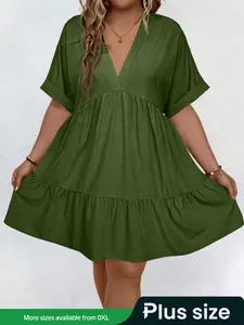 【Plus Size】Solid Color V Neck Dress, Casual Short Sleeve Dress for Summer, Women's Plus Clothing for Daily Wear