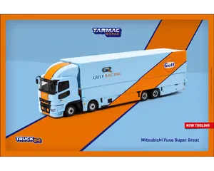 Mitsubishi Fuso Truck with Transporter Light Blue with Orange Stripes "Gulf Oil" "Truck64" Series 1/64 Diecast Model Car by Tarmac Works