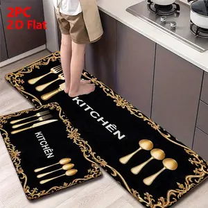 Kitchen Mat Set for floor 2/3 Piece,  Vintage Gold Ornate Frame & Cutlery Kitchen Rug with Decorative, Non Slip Kitchen Rugs and Mats for Kitchen, Entryway, Bathroom, Laundry Room, Hallway