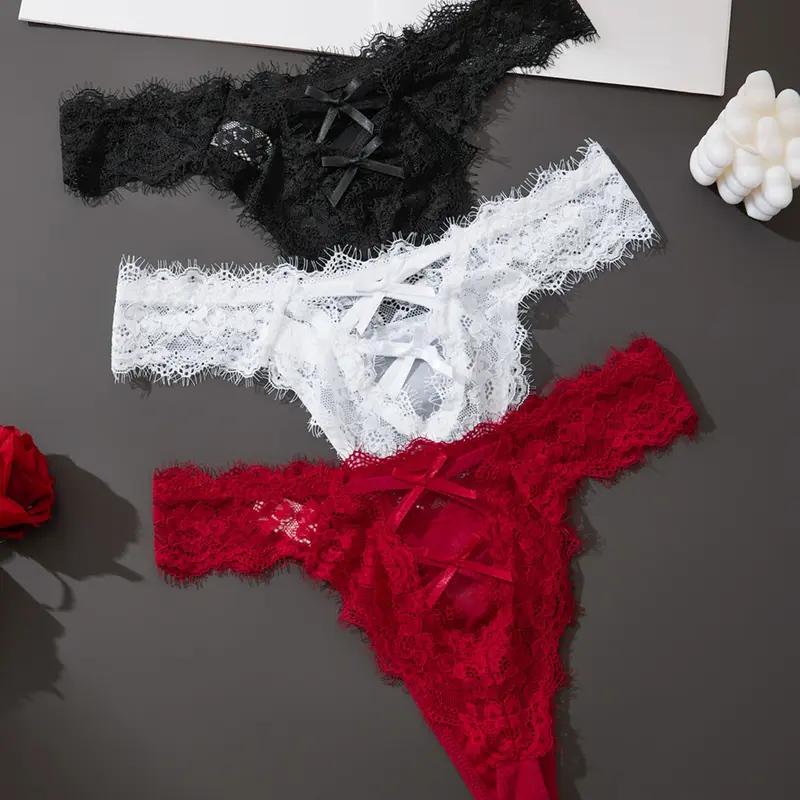 Women's Lace Panties Set, Underwear, Fit, Stretchy Backless Bow Design, Elastic Waistband, Hollow Out Breathable Floral Pattern, Perfect Gift, Stretchy Lace Panty