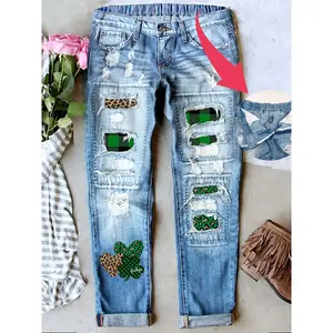 Women's patch torn injury mid waist boyfriend fits well, washed cute print, loose denim jeans, elastic waistband, breathable and comfortable, suitable for all seasonsRAIMENTRY