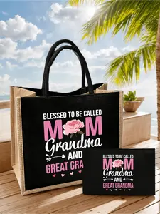 1/2pcs Large Capacity Tote Bag And Cosmetics Storage Set, "Blessed To Be Called Mom Grandma Great Grandma" Print Casual & Stylish,Shoulder Bag & Clutch Zipper Pouch For Women,College Dormitory Cosmetics Storage, Sports Event Decoration Bag