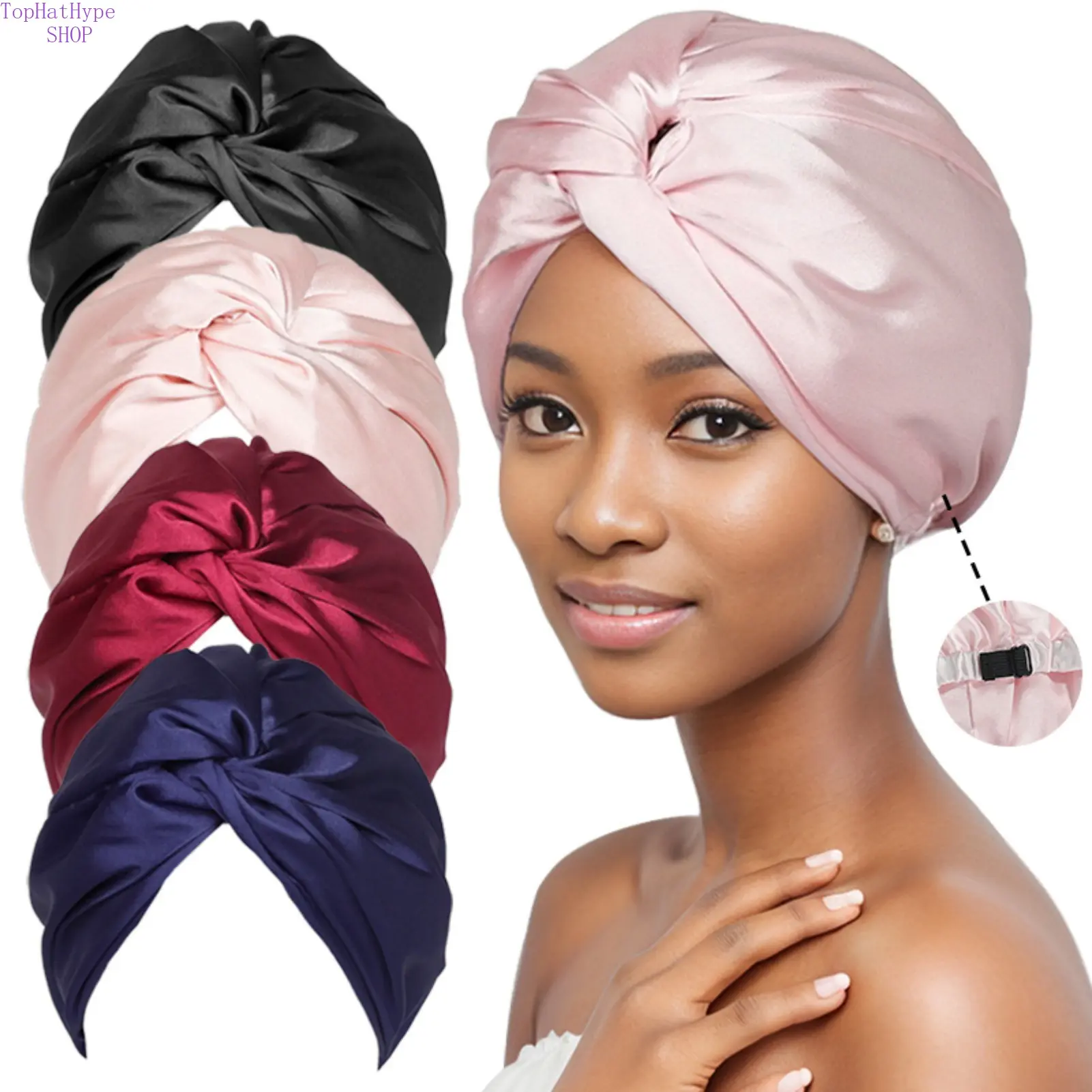 Female Satin Night Cap - 1-Size-Fits-All, Double-Layer, Adjustable Twist-Design, Heatless, Reusable Pullover Breathable Haircare Hat for Adult Chemo Users (Adjust Twist Feature Included), One Size Fits All