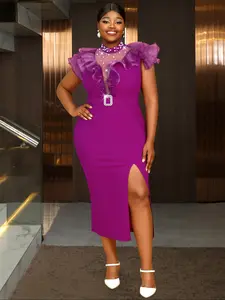 AM041241 Cross-border semi-high collar beaded Knit dress, mesh patchwork high-waisted slit formal party dress