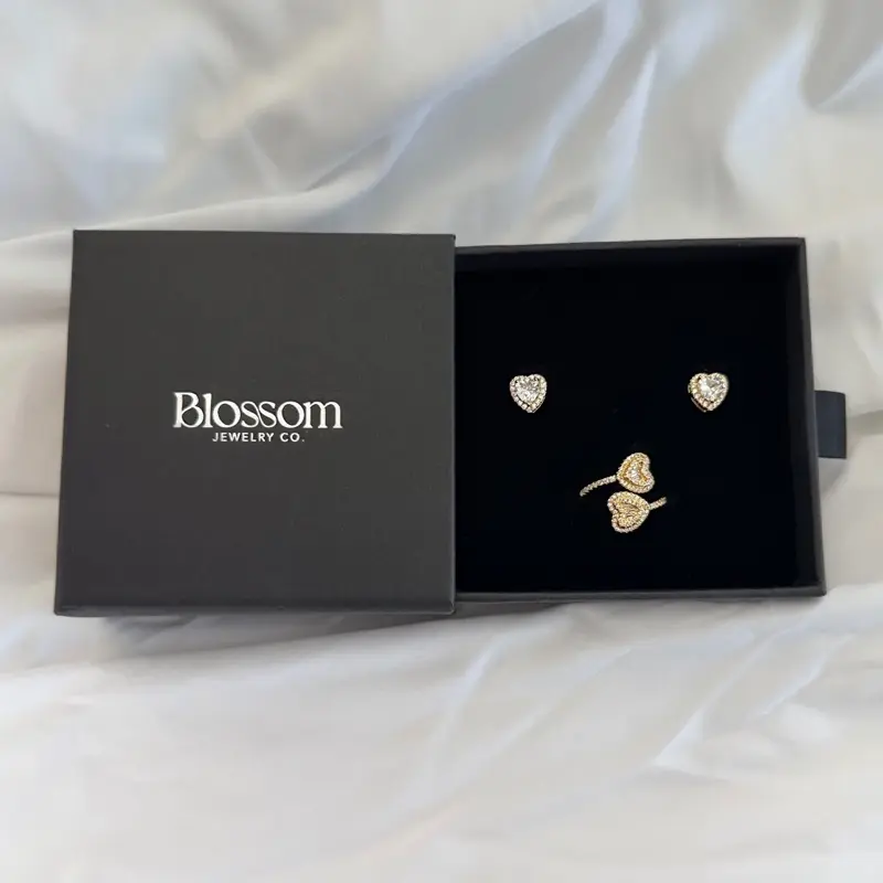 18KT Gold Plated Heart Jewelry Set, Heart Ring & Earring for Women Adjustable Ring High Quality Cubic Zirconia