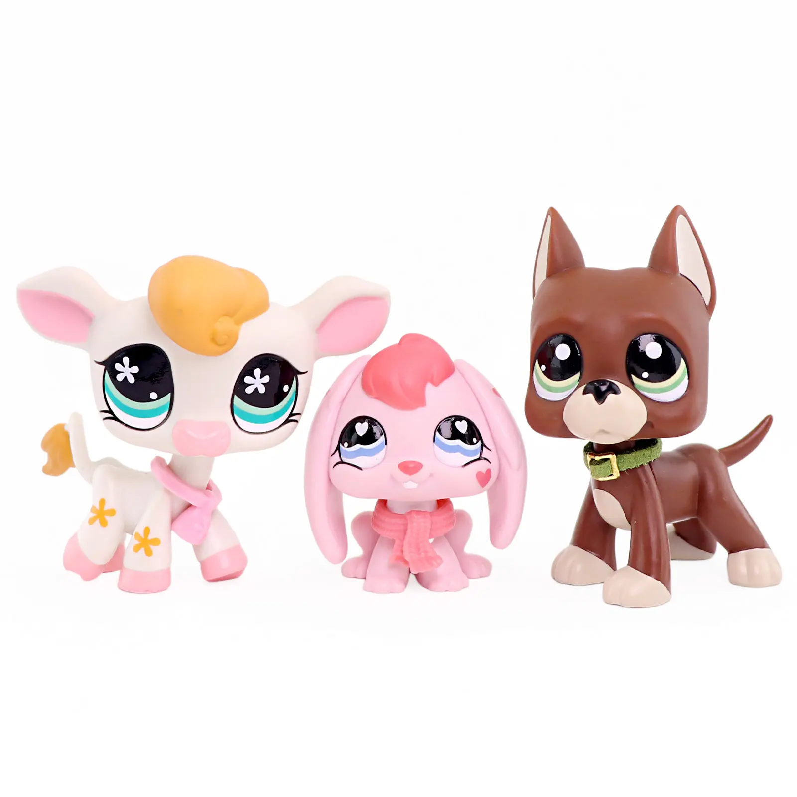 3 Pcs Cute Mini Pet Figurines Set, Adorable Cow, Pink Lop Rabbit & Doberman Dog Collectible Figures with Scarf & Collar Accessories, Big Eyes Small Animal Toys for Kids Gift, Cake Topper, Dollhouse Decor, Hobby Collection Display