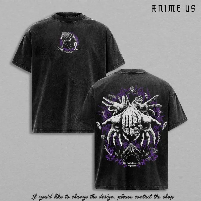 Mahito Curse Form Tee, Jujutsu Kaisen Anime Dark Hands T-Shirt, Cursed Spirit Power Graphic, Purple Horror Art Vintage Washed Oversized Heavyweight Cotton Unisex Tee
