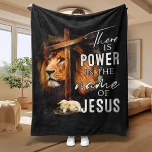 Religious Flannel Fabric Throw Blanket - Modern Double-Sided, Creative Lion & Cross Print, 1-Count, Multi-Size, Warm Soft Bedding Accessory for Indoor Use (Home Office Travel)