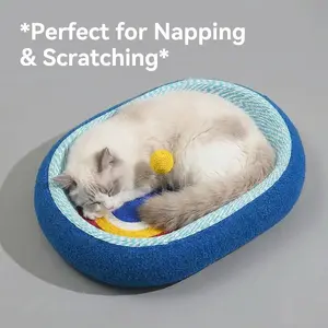 Space-Themed Cat Bed Sisal Scratching Toy Deep, oval-shaped design provides a cozy and comfortable spot for naps Made from natural sisal to support healthy scratching and nail care Features a dreamy, starry-sky blue pattern