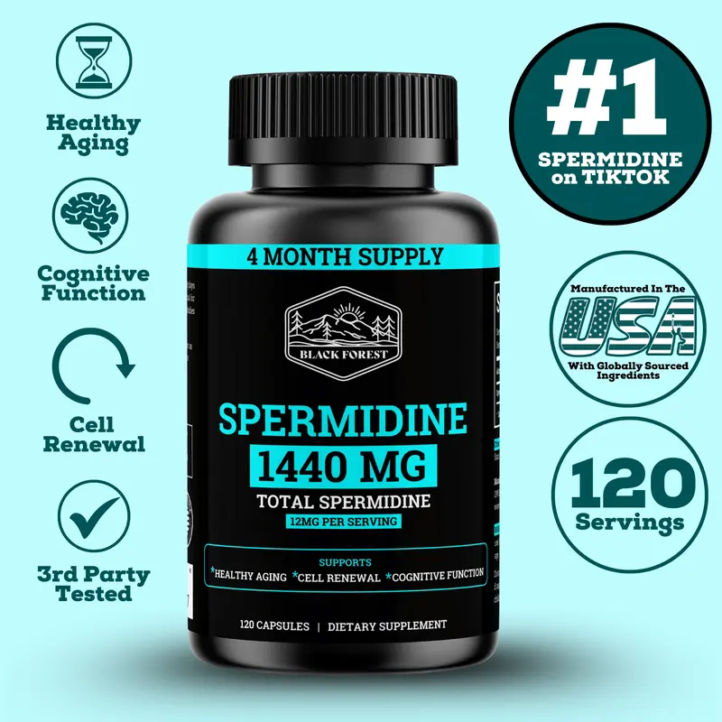 Black Forest Spermidine Dietary Supplement, 1440MG Total, 120 Capsules (12mg Per Serving, 4-Month Supply) – Supports Energy Production, Cognitive Function, Cellular Cleanup & Fasting-Mimic Dose, Spermidine Supplements