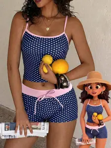 Women's Vacation Polka Dot Print Colorblock Design Bikini Set, Butterfly Knot Decoration, Sweet Summer Beach Party Swimwear, Tankini Sets