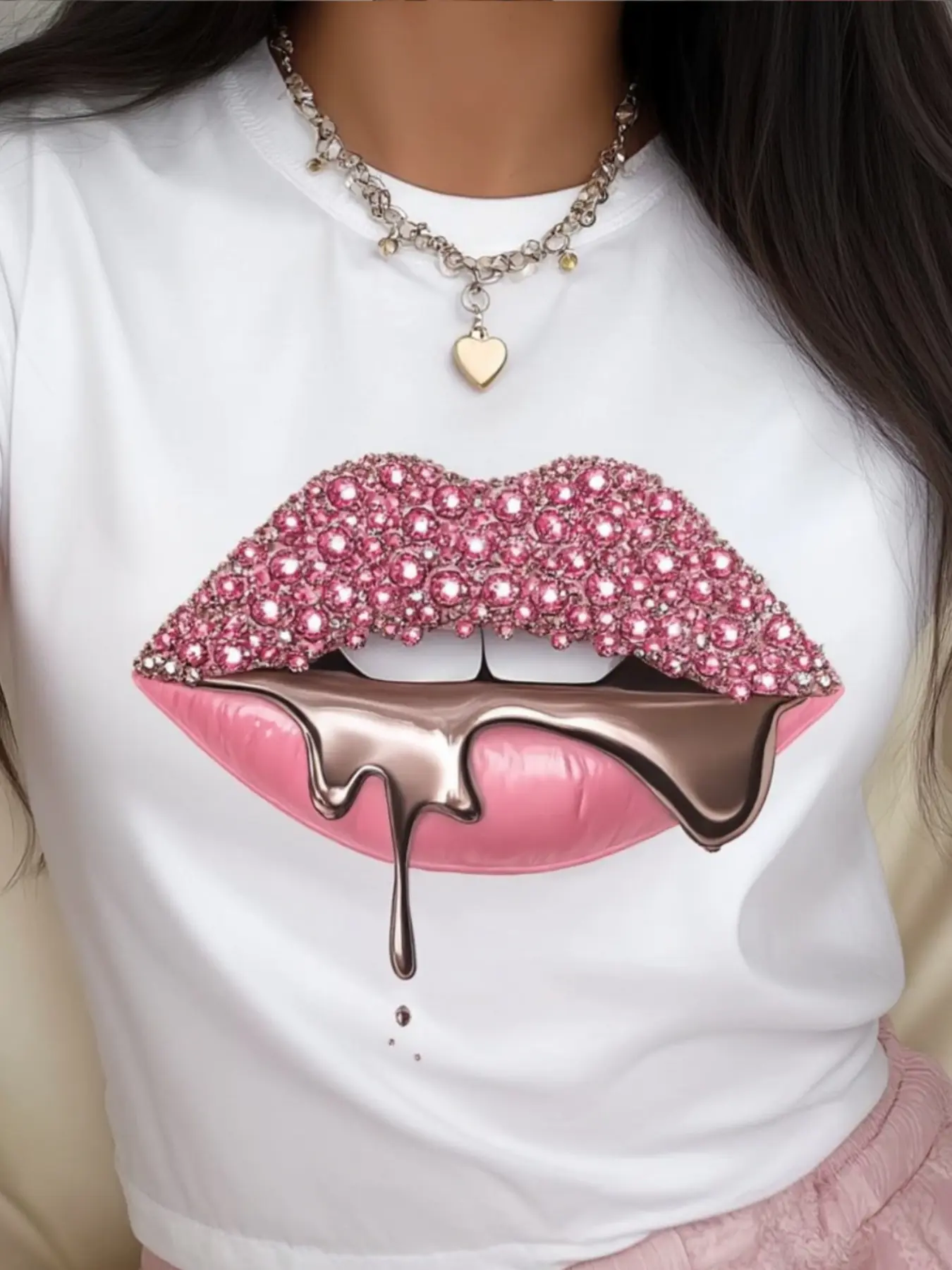 Women'S Short Sleeved T-shirt With Lip And Chocolate Pattern Design, Casual Round Neck, Elastic Soft Fabric, Machine Washable, Spring/summer Fashionable Top, Trendy Clothing, Mother'S Day Gift, Streetwear