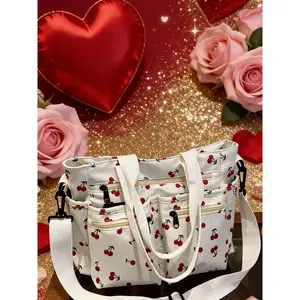 Cherry Print Casual Women's Handbag, Multi-Pocket Zip Design, Adjustable Shoulder Strap, Side Pocket for Water Bottle & Umbrella, Casual Trendy Bag