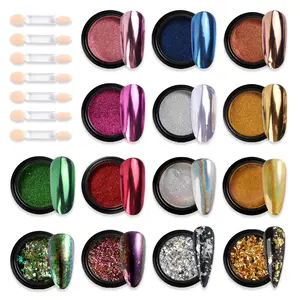Fcozpjk Chrome Nail Powder Set 14 Colors Pink Blue Silver Metallic Effect Mirror Powder for Nails With Brushes Holographic Pigment Chameleon Flakes for Nails Gold Leaf Decoration Nail Supplies