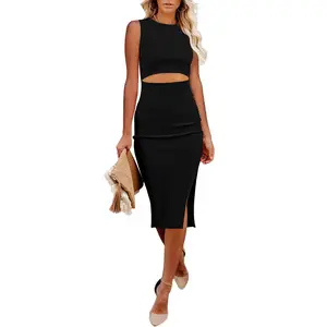 AUSELILY 2026 New Curve Cutout Bodycon Midi Dress – Flattering Fit with Midriff Detail | XS–XL Womenswear Sleeveless